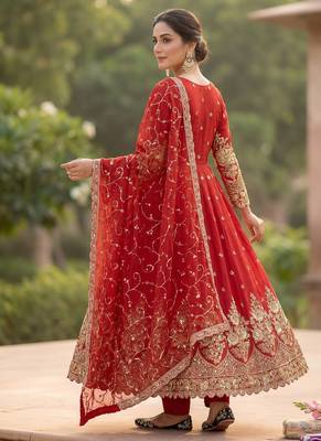 Red colour embroidered georgette anarkali suit set with dupatta & pant 3