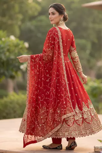 Red colour embroidered georgette anarkali suit set with dupatta & pant