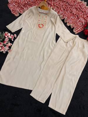 Chiku viscose emboidered straight kurta set with orange printed dupatta & pant 6