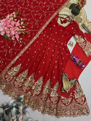 Red colour embroidered georgette anarkali suit set with dupatta & pant 4