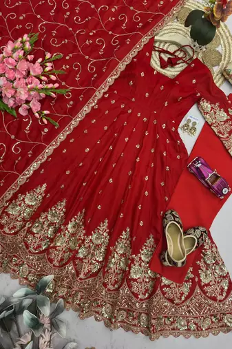 Red colour embroidered georgette anarkali suit set with dupatta & pant