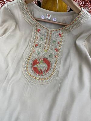Chiku viscose emboidered straight kurta set with orange printed dupatta & pant 8