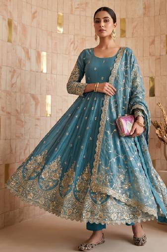 Sky colour embroidered georgette anarkali suit set with dupatta & pant