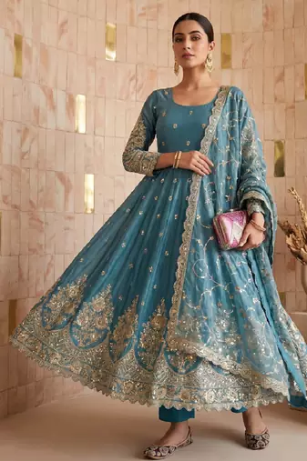 Sky colour embroidered georgette anarkali suit set with dupatta & pant