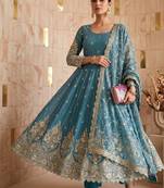 Sky colour embroidered georgette anarkali suit set with dupatta & pant