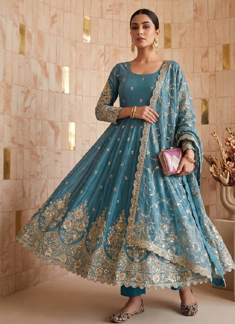 Sky colour embroidered georgette anarkali suit set with dupatta & pant