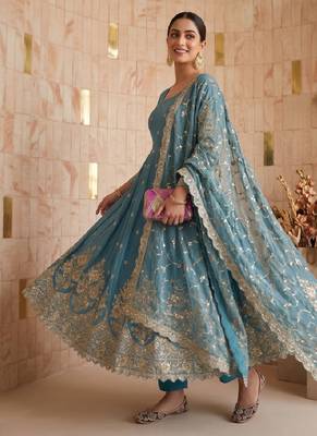 Sky colour embroidered georgette anarkali suit set with dupatta & pant 2