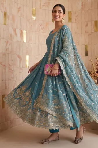 Sky colour embroidered georgette anarkali suit set with dupatta & pant
