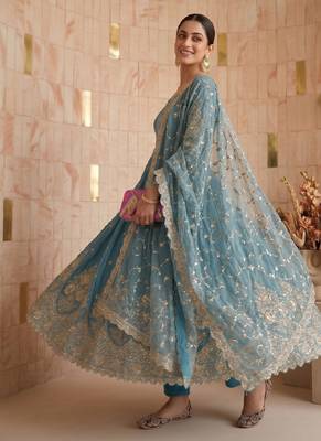 Sky colour embroidered georgette anarkali suit set with dupatta & pant 3