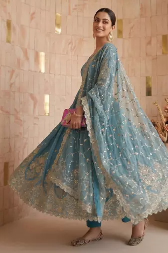 Sky colour embroidered georgette anarkali suit set with dupatta & pant