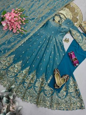 Sky colour embroidered georgette anarkali suit set with dupatta & pant 4