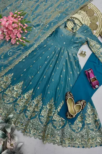 Sky colour embroidered georgette anarkali suit set with dupatta & pant