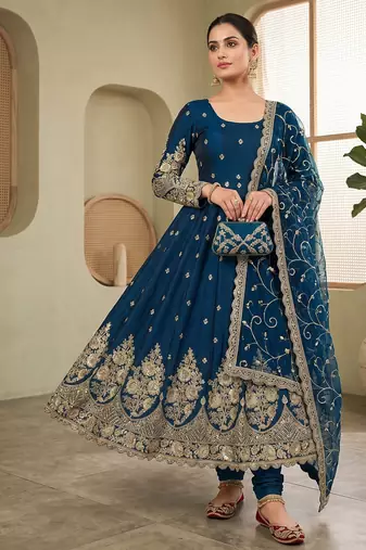 Teal colour embroidered georgette anarkali suit set with dupatta & pant