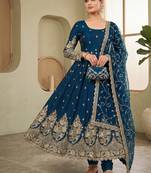 Teal colour embroidered georgette anarkali suit set with dupatta & pant