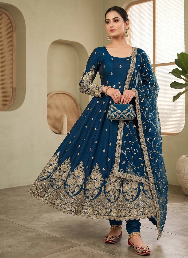 Teal colour embroidered georgette anarkali suit set with dupatta & pant