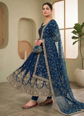 Teal colour embroidered georgette anarkali suit set with dupatta & pant 2