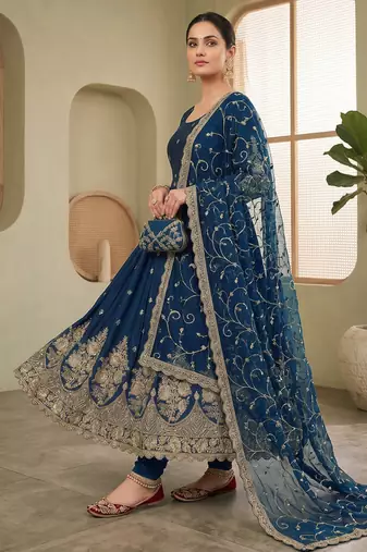 Teal colour embroidered georgette anarkali suit set with dupatta & pant