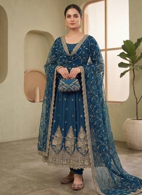 Teal colour embroidered georgette anarkali suit set with dupatta & pant 3