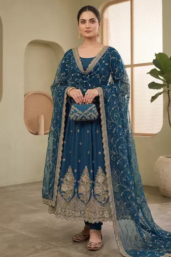 Teal colour embroidered georgette anarkali suit set with dupatta & pant