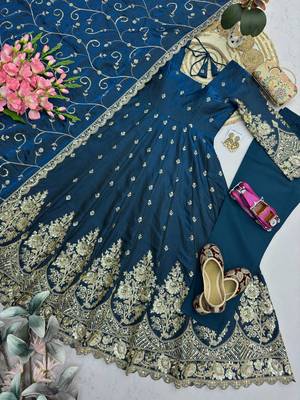 Teal colour embroidered georgette anarkali suit set with dupatta & pant 4