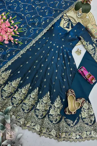 Teal colour embroidered georgette anarkali suit set with dupatta & pant