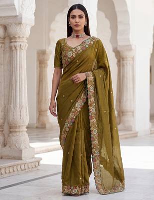 Mahendi Green Tissue embroidery work saree with work blouse piece 1