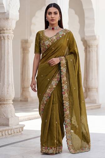 Mahendi Green Tissue embroidery work saree with work blouse piece