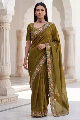 Mahendi Green Tissue embroidery work saree with work blouse piece