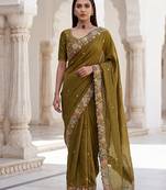 Mahendi Green Tissue embroidery work saree with work blouse piece