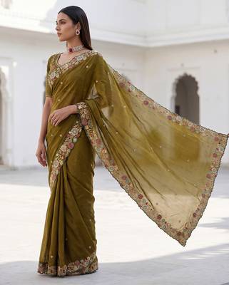 Mahendi Green Tissue embroidery work saree with work blouse piece 2