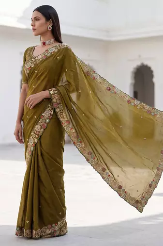 Mahendi Green Tissue embroidery work saree with work blouse piece