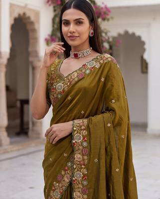 Mahendi Green Tissue embroidery work saree with work blouse piece 3