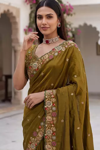Mahendi Green Tissue embroidery work saree with work blouse piece