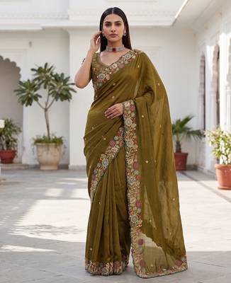 Mahendi Green Tissue embroidery work saree with work blouse piece 4