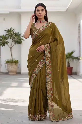 Mahendi Green Tissue embroidery work saree with work blouse piece