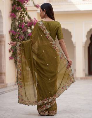 Mahendi Green Tissue embroidery work saree with work blouse piece 5