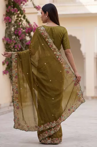 Mahendi Green Tissue embroidery work saree with work blouse piece