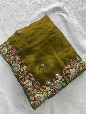 Mahendi Green Tissue embroidery work saree with work blouse piece 6