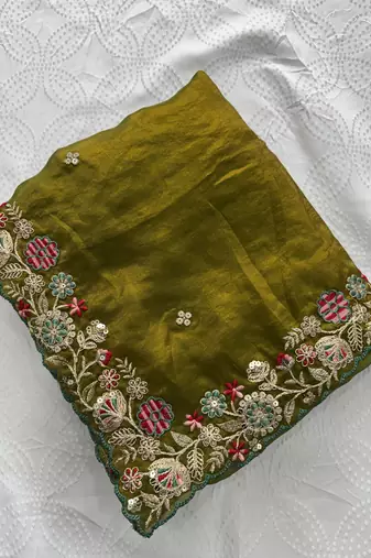 Mahendi Green Tissue embroidery work saree with work blouse piece