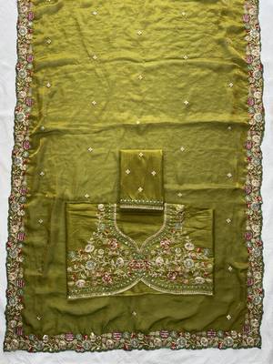 Mahendi Green Tissue embroidery work saree with work blouse piece 7