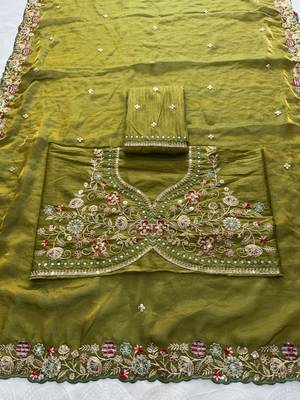 Mahendi Green Tissue embroidery work saree with work blouse piece 8