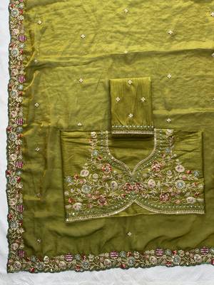 Mahendi Green Tissue embroidery work saree with work blouse piece 9