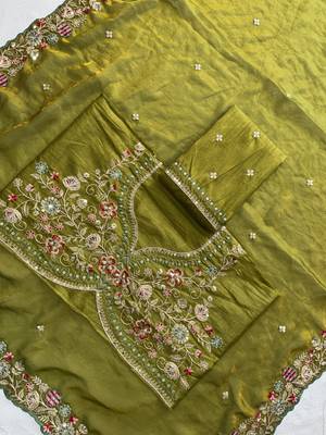 Mahendi Green Tissue embroidery work saree with work blouse piece 10
