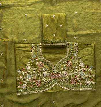 Mahendi Green Tissue embroidery work saree with work blouse piece 11
