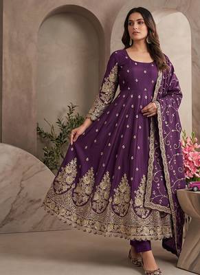 Wine colour embroidered georgette anarkali suit set with dupatta & pant 1