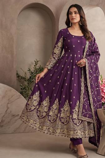 Wine colour embroidered georgette anarkali suit set with dupatta & pant