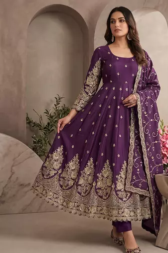 Wine colour embroidered georgette anarkali suit set with dupatta & pant