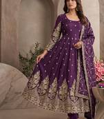 Wine colour embroidered georgette anarkali suit set with dupatta & pant