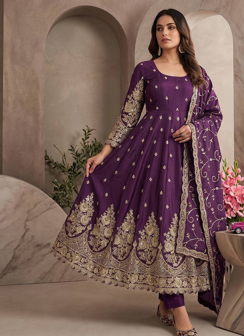 Wine colour embroidered georgette anarkali suit set with dupatta & pant