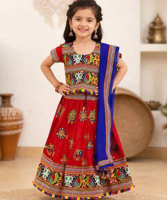 Red embroidered cotton traditional kids lehenga choli with blouse 1